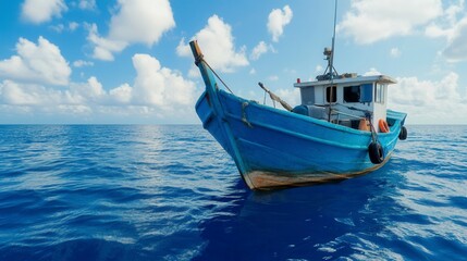 Fototapeta premium Weathered Blue Fishing Boat on a Calm Ocean