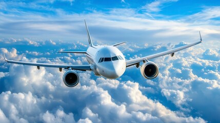 White Airplane Soaring Above Fluffy Clouds in a Vibrant Blue Sky