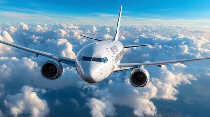 Fototapeta premium White Airplane Soaring Above Fluffy Clouds on a Sunny Day