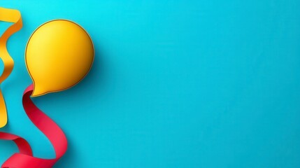 Yellow Balloon with Red and Gold Ribbons on Blue Background for Celebration