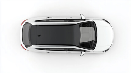 Modern white car, hybrid car or electric car with Sunroof, above top view on white background