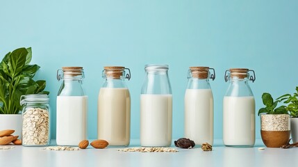 Plant-based milk varieties, such as almond, soy, oat, and coconut, are displayed in glass bottles alongside their ingredient lists on a white table against a blue backdrop. 