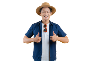 Portrait of a young Asian man wearing a tourist shirt, hat, and sunglasses posing on background