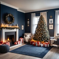 Cozy Christmas Living Room with Decorated Fireplace and Tree