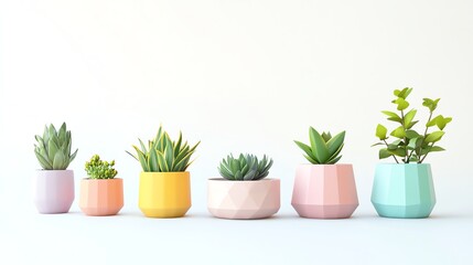 Obraz premium Minimal, modern, and colorful plant pots with geometric shapes in soft pastel hues. Perfect for home decor, product displays, and digital graphics