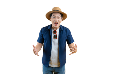Portrait of a young Asian man wearing a tourist shirt, hat, and sunglasses posing on background