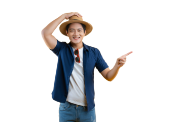 Portrait of a young Asian man wearing a tourist shirt, hat, and sunglasses posing on background