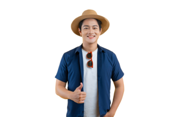 Portrait of a young Asian man wearing a tourist shirt, hat, and sunglasses posing on background