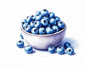 The illustration of blueberries in the white bowl, colored pencil drawing style on white background
