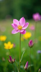 Fototapeta premium Aquilegia canadensis in field with other wildflowers, flora, nature