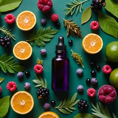 Essential Oil Bottle with Citrus, Berries, and Herbs