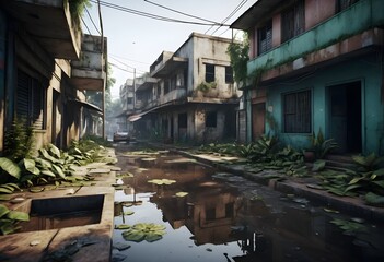 Obraz premium Overgrown Alleyway in a Deserted City