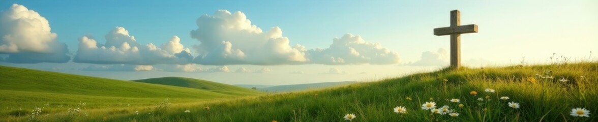 Obraz premium A tranquil landscape with a wooden cross in the distance, wooden cross, peaceful, tranquil