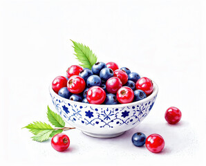 The illustration of berries in bowl, colored pencil drawing style on white background