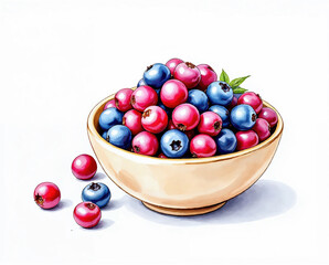 The illustration of berries in bowl, colored pencil drawing style on white background