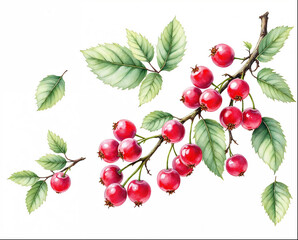 The illustration of red berries brunch in colored pencil drawing style on white background