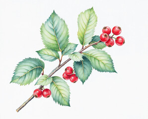 The illustration of red berries brunch in colored pencil drawing style on white background