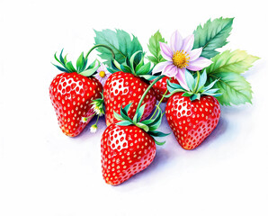 The illustration of strawberries and flowers in colored pencil drawing style on white background