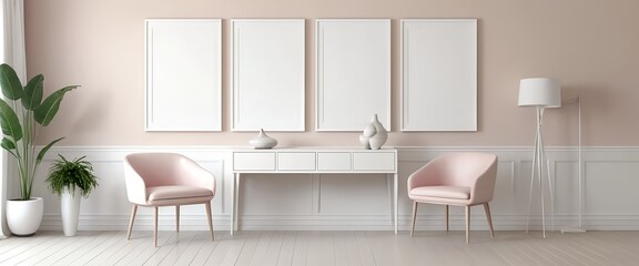 Fototapeta premium Modern Minimalist Living Room Interior with Pink Armchairs and Empty Frames