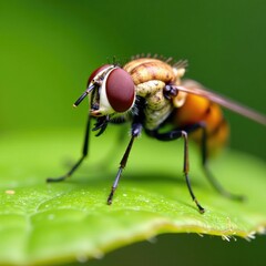 Fototapeta premium Brown fly with distinctive white stripes on thorax, nature, lauxaniid, prosoomyia pallida
