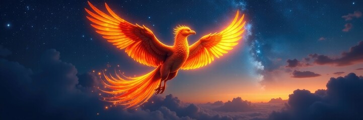 Obraz premium Phoenix soars through starry night sky with fiery mane, stars, fire