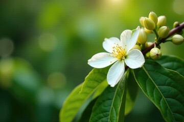 Fototapeta premium Delicate white blooms unfolding on coffee tree branches, blooming, white coffee flowers, coffee plantation