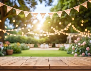 Wooden Tabletop in Blurred Festive Garden Background