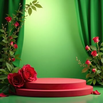 Rose-filled red podium against a serene green background, peaceful, red, serene