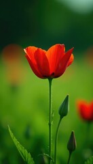 Obraz premium Fiore rosso isolato nel mezzo di un campo verde, verdant, wildflower