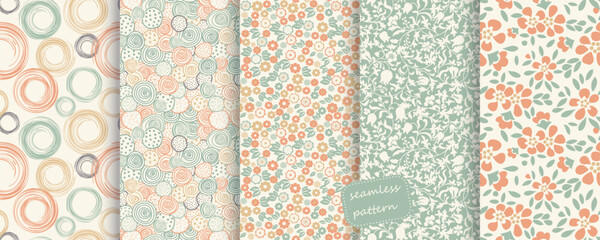 Collection of Seamless floral pattern in folk style with wildflowers, leaves. Victorian style. Hand drawn. Vector illustration