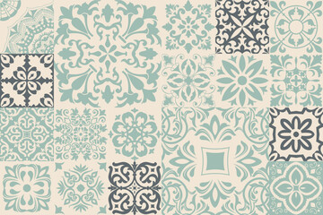 Hand drawn seamless abstract tile pattern. Spanish ceramic floor tiles. Portuguese motifs. Colorful decorations pattern, racy vector design. Ceramic tiles in turkish style.	