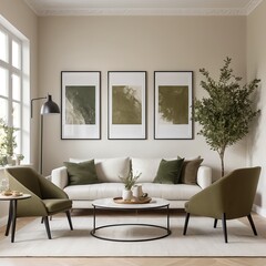 Fototapeta premium Modern Living Room Interior Design with Olive Green Accents