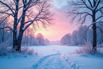 Naklejka premium Soft pink and blue sky above a frozen forest with bare tree branches, winter scenery, serene nature