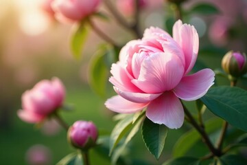 Fototapeta premium Soft pink peony blossoms unfold on the tree's branches, bloom, spring blooms, peony tree