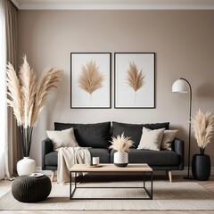Modern Beige Living Room Interior with Pampas Grass Decor