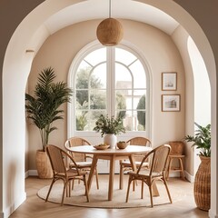 Beige Interior Dining Room with Rattan Chairs and Archways