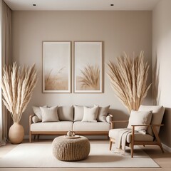 Modern Beige Living Room Interior Design with Pampas Grass
