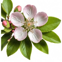 Naklejka premium Delicate Pink Apple Blossom with Green Leaves