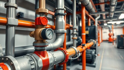 Industrial Gas Piping Systems with Safety Shut-off Valve and Pressure Regulator in Boiler Room