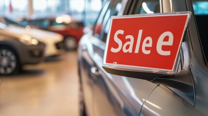 A car dealership featuring a sedan with a “Sale” sign on it. Featuring promotions and discounts