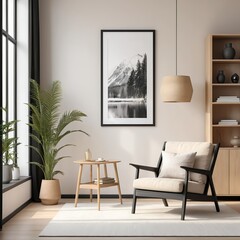 Modern Living Room Interior with Cozy Armchair and Mountain View