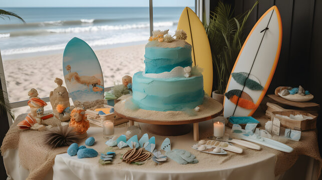 Colorful surfboards leaning against a sandy beach, vibrant seaside scene with ocean waves, perfect for summer adventure themes.