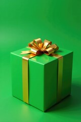 Fototapeta premium Green rectangular background with a shiny golden gift on top, present wrap, green