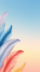 Naklejka premium Delicate feathers drifting across soft pastel gradient, forming ethereal artistic arrangement with expansive negative space