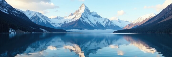 Obraz premium A lake's surface mirrors the towering mountain, cold weather, waterbody