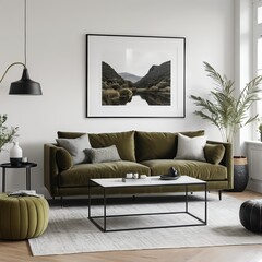 Stylish Living Room Interior with Olive Green Velvet Sofa and Mountain Landscape Artwork
