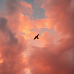 A bird flying in clouds, low angle perspective, warm colors, reds, oranges, yellows, dramatic lighting, upward view