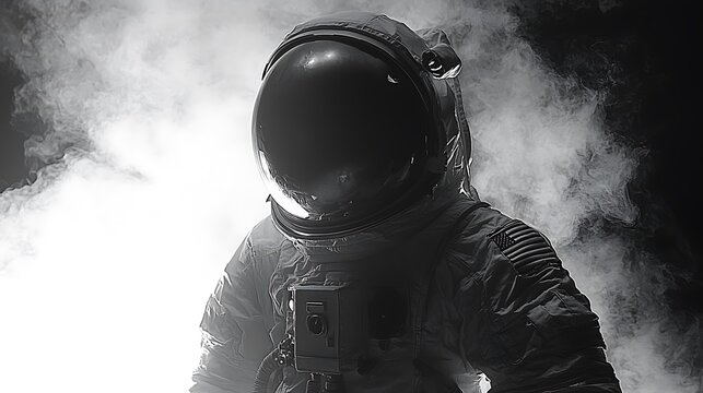 Astronaut in smoky space, dramatic lighting, science fiction backdrop, ideal for film posters