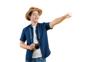Portrait of young asian man using travel camera and posing	