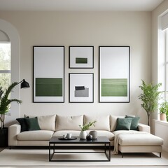 Modern Living Room Interior with Green Abstract Art and Beige Sectional Sofa